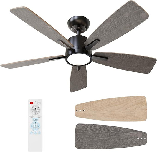 TALOYA 42 Inch Ceiling Fans with Lights Led Remote Control Low Profile Flush Mount for Bedroom Home Outdoor Patio Living Room,3 Color Temperatures,Dimmable,DC Motor,Reversible,5 Blades,Black Walnut