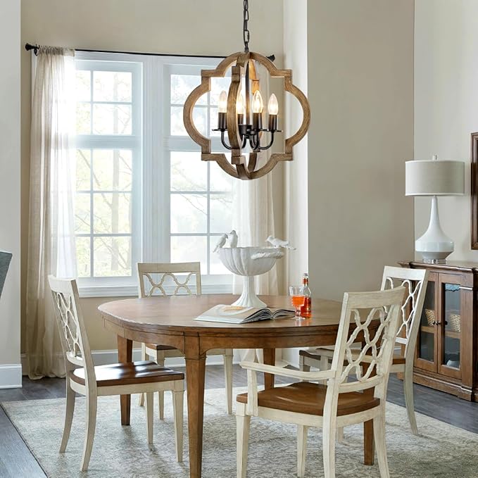 Farmhouse Orb Chandelier, 4-Light Rustic Wood Chandelier for Dining Room, 15.74'' Pendant Light for Kitchen Island Hallway Foyer Entryway Bedroom