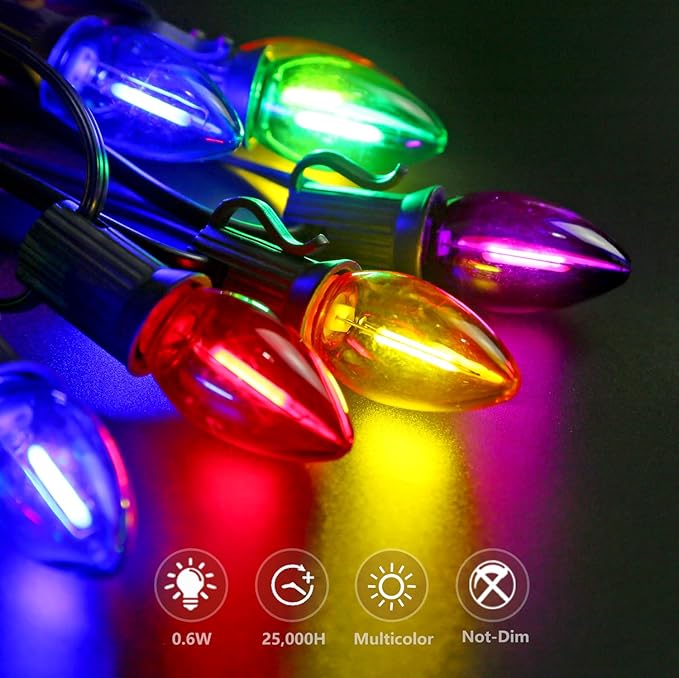 Multicolor C7 Christmas Replacement LED Light Bulbs, E12 Chandelier Base Commercial Grade Holiday Bulbs, 5W 6W 7W Incandescent Equivalent, Colorful Plastic Bulbs for Christmas String Light - 25 Pack