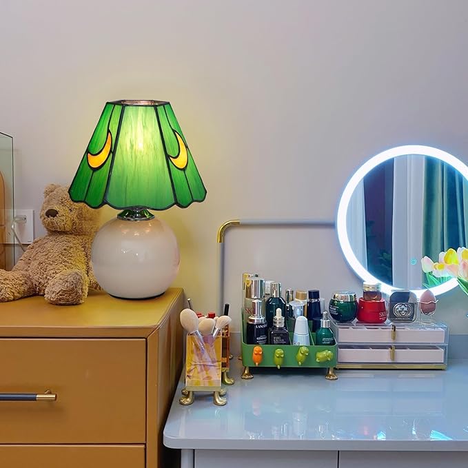 Mushroom Lamp Tiffany Lamp Stained Glass Table Lamp Moon Cute Small Bedside Lamps for Living Room Home Decor,Unique Aesthetic Home Living Room Decor Girls Women Birthday Day Gift,(Green)