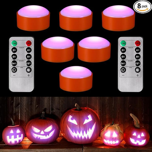 Riakrum 6 Pieces Remote Timer LED Lights with Remote LED Pumpkin Lights Battery Operated Lantern Bright Flameless Candle(Orang, Purple Light)