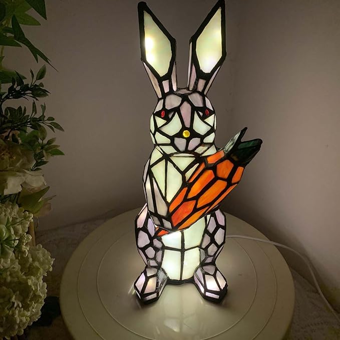 Bieye L10947 Bunny Holds Carrot Tiffany Style Stained Glass Accent Table Lamp for Easter Decor (Purple)