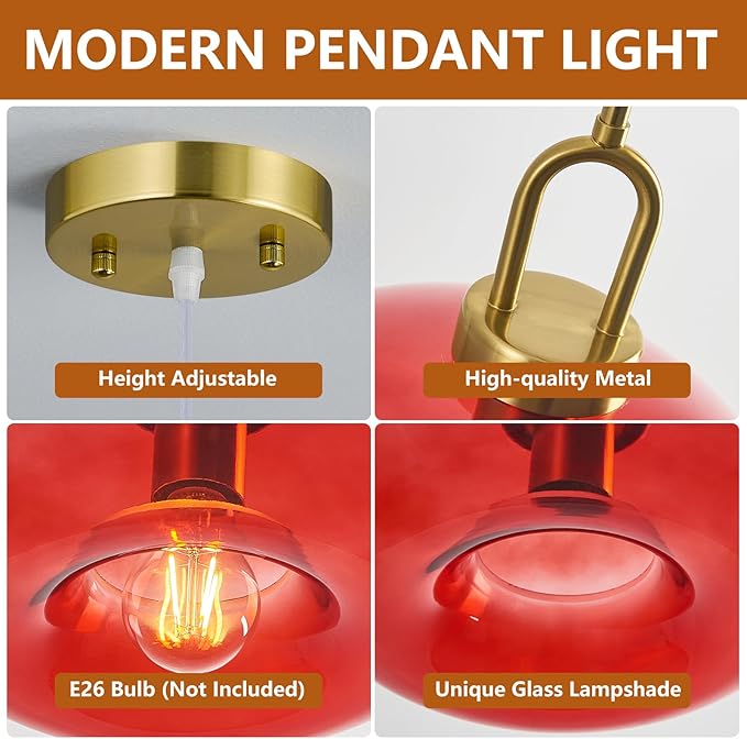 Red Glass Pendant Lights Kitchen Island Gold Pendant Light Fixtures Adjustable Height Modern Pendant Lighting for Bedroom Dining Room (1-Pack)