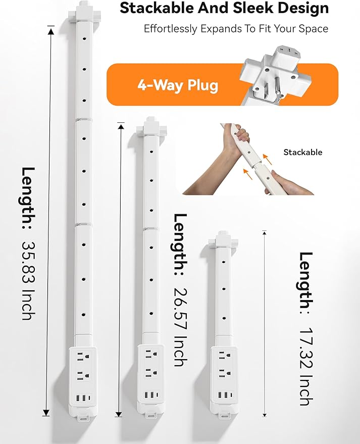 Blueera Electrical Outlet Extender Features USB-C, 2 USB-A, 2 AC Outlets, Access Hard-to-Reach Places, Extends 17''-36'', Extendable Outlet with 4-Way Plug for Behind Couches, Nightstands-1 Pack