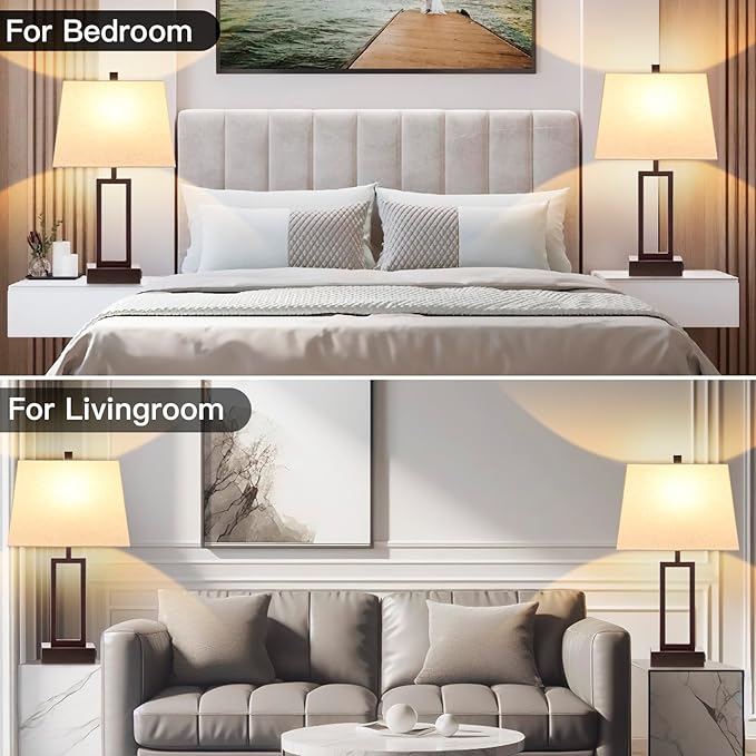 Touch Control Table Lamps Set of 2, Modern Brown Bedside Lamps with USB A+C Ports & AC Outlet, 3 Way Dimmable Contemporary Nightstand Lamps for Bedroom Living Room(LED Bulb Included)