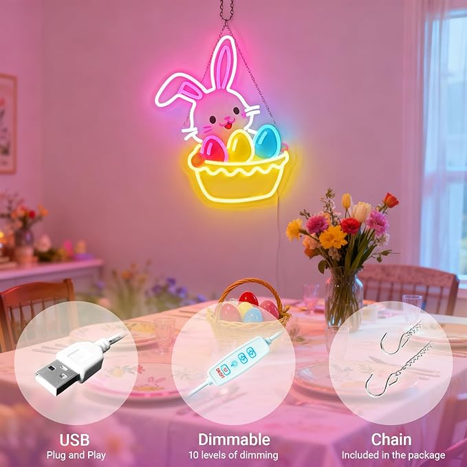 Easter Egg Basket Neon Sign with Bunny - Rabbit Holding Basket Wall Decor, 10-Level Dimmable LED Light, USB Powered Easter Basket Stuffers Gift, 15.7"x12.6"