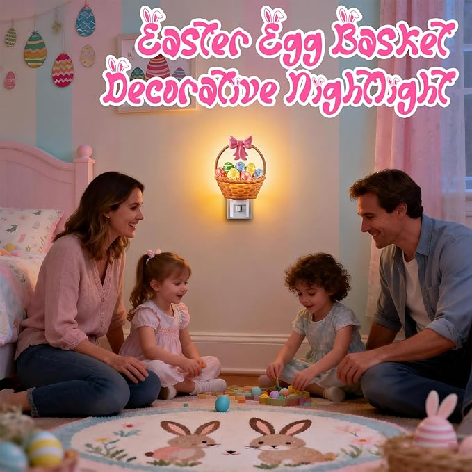 Easter Basket Egg Decorative Nightlight, Easter Cute Resin Plug in Light, 3D Egg Bow Basket Lamp Spring Indoor Bedroom Bathroom Home Decor Lighting Gifts for Kids, Holiday Lamp by C7 LED Bulb