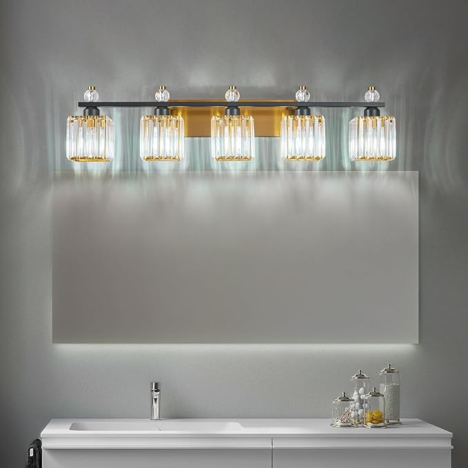 Vanity Lights 5-Light Modern Crystal Vanity Light Black Gold Bathroom Light Fixtures Over Mirror Crystal Bathroom Vanity Lighting Fixtures