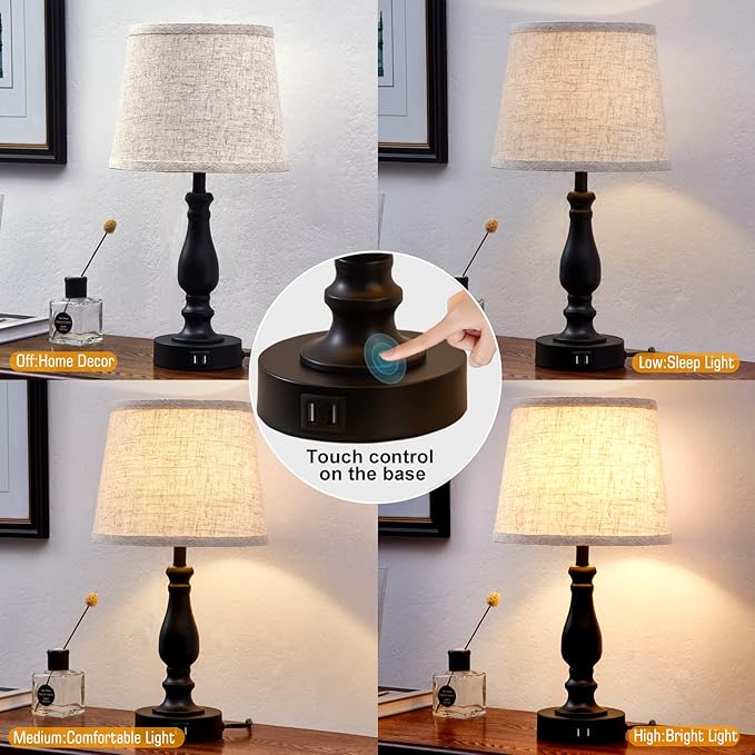 Table Lamps Set of 2, Bedside Nightstand Lamps with USB Charging Ports, 3 Way Dimmable Touch with Linen Fabric Lampshade, Modern Small Lamp for Bedrooms, Living Room (Bulbs Included)