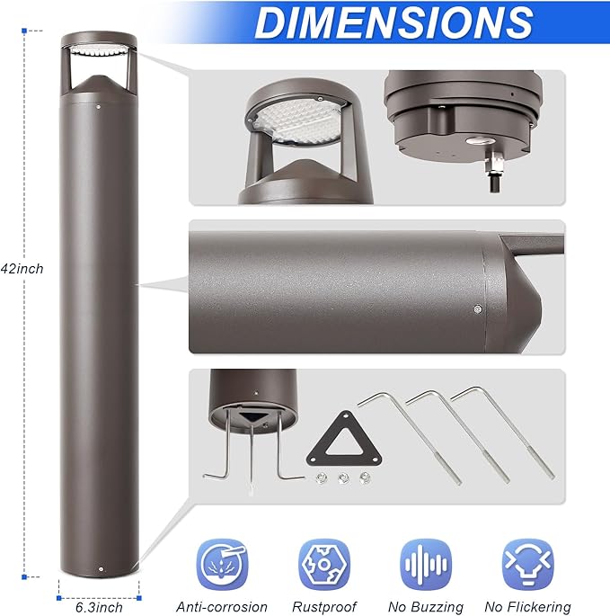 LED Bollard Landscape Light, 42" 24W Outdoor Pathway Light, 3CCT Selectable (3000K/4000K/5000K), IP65 Waterproof, 0-10V Dimmable Commercial Landscape Lighting for Garden, Walkway, Die-cast Aluminum
