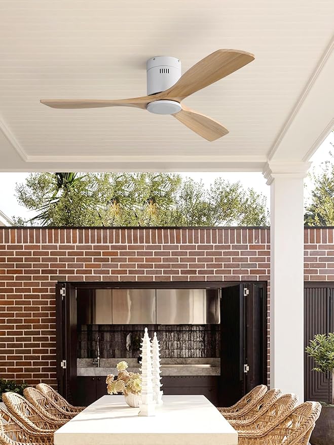Sofucor Ceiling Fan without Lights, 52 Inch Low Profile Flush Mount Mordern Wood Ceiling Fan with Remote for Indoor Farmhouse Bedroom Living Room Outdoor Patio Porch, Reversible DC Motor, Noiseless