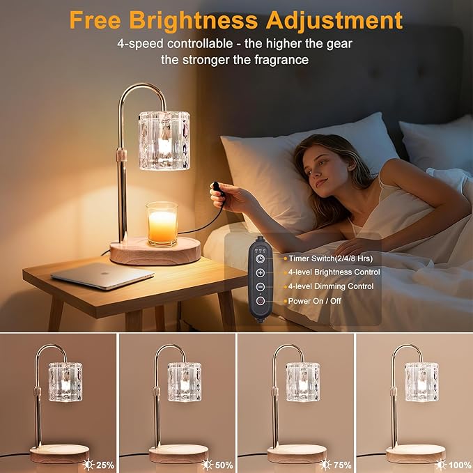 Candle Warmer Lamp with Timer and Dimmer 4-Level Dimmable Flower Light Heat Lamp for Jar Candles Adjustable Height Modern Cute Home Decor for Living Room Bedroom(Gold) (Gradient-Square)