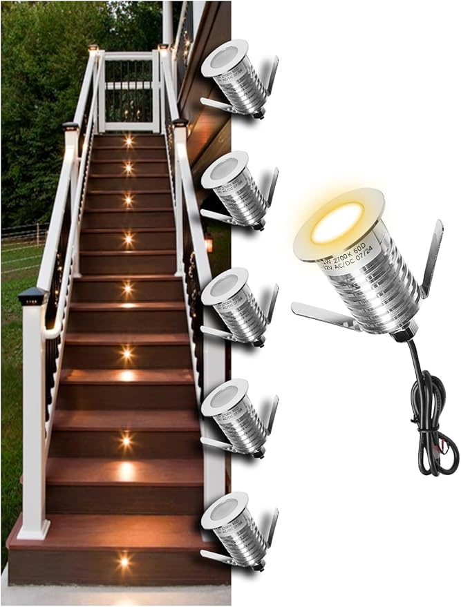 Low Voltage Deck Light 6-Pack, 1W 80 Lumens Landscape Lighting, φ35 mm Recessed LED Outdoor Step Stair Lights, Full 304 Stainless Steel Deck Lighting Wired for Outside Yard (SG07, 6-Pack 2700K)