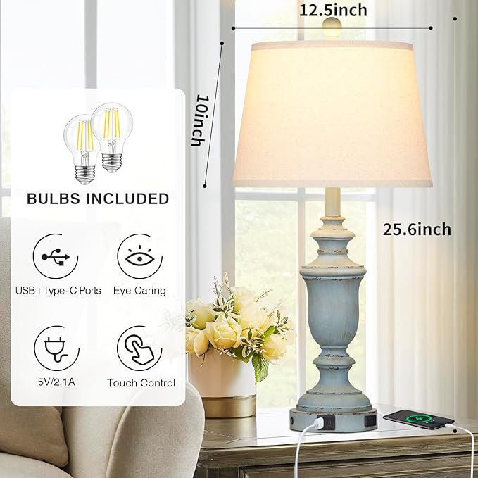 25.6" Coastal Table Lamps Set of 2 with USB C+A Ports & AC Outlet for Rustic Living Room Retro Bedroom,3-Way Dimmable Touch Lamp Bedside Lamps for Nightstand Side End Table,Retro Blue