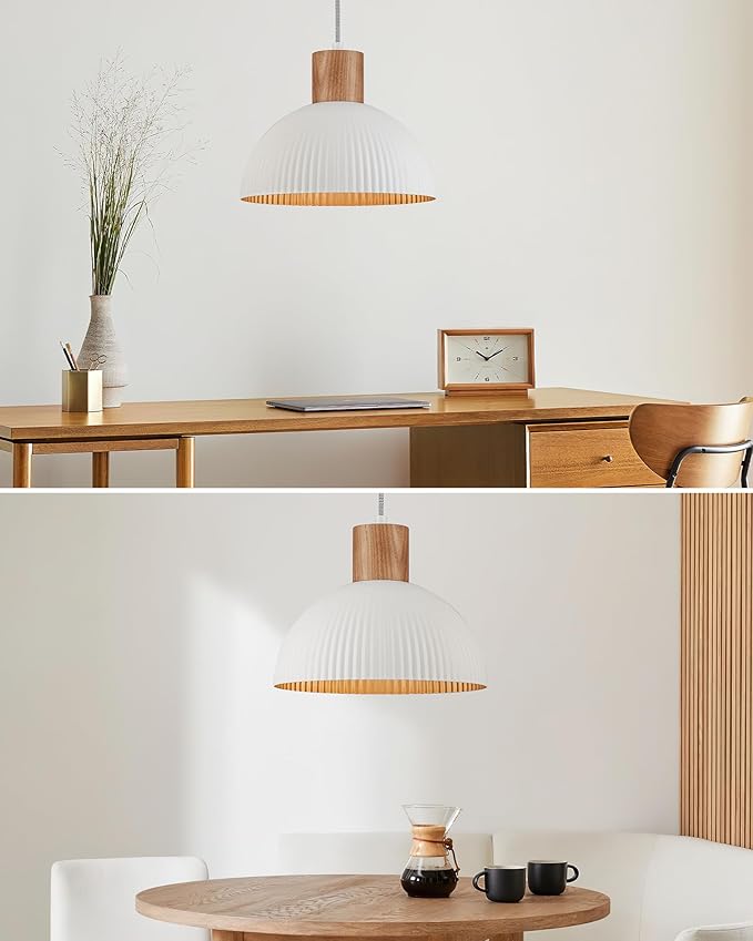 ELYONA Modern Ash Wood Pendant Light Fixtures 12" Hanging Lamp Nordic White Metal & Gold Inner Finish Boho Pendant Light for Farmhouse Kitchen Island Dining Room Bedroom Living Room Hallway