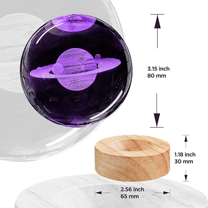 3D Saturn Crystal Ball Night Light, 3.15in K9 Saturn Sphere Glass Ball Lamp with 16 Colors Change, Wooden Base and Remote Control Planet Gifts for Kids Friends Teen