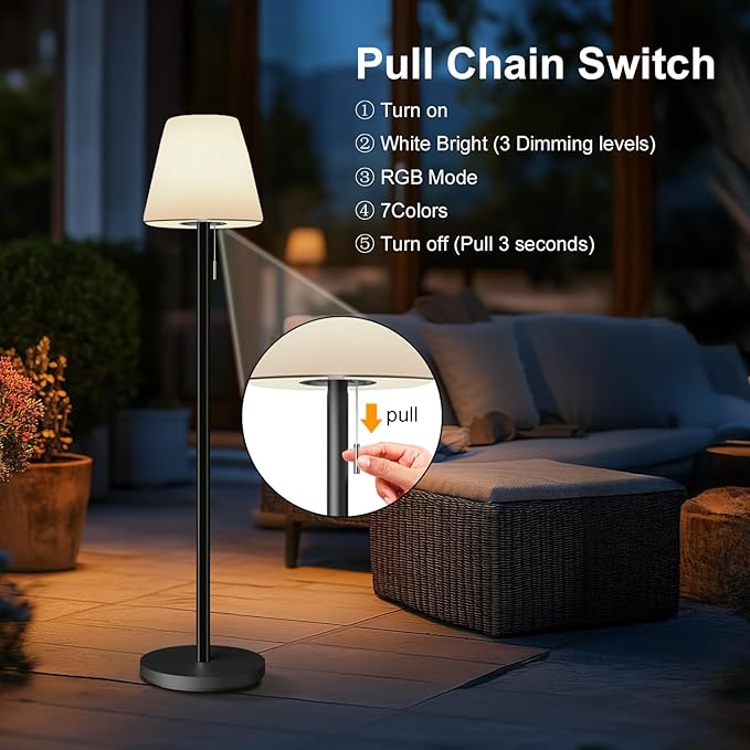 Outdoor Floor Lamp Solar Outdoor Lamps for Patio Waterproof Rechargeable Floor Lamp Cordless Dimmable Warm White+RGB LED Solar floor lamps Outdoor Battery Operated Patio Lamp with Light Sensor.