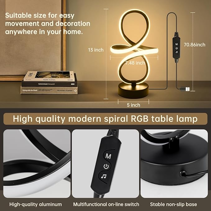 Modern RGB Table Lamps, Multicolor Changing Spiral Bedside Lamp with Remote&APP, Cool Table Lamp, Dimmable LED Nightstand Lamp with Music Rhythm Modes for Bedroom, Living Room, Black(2 Pack)