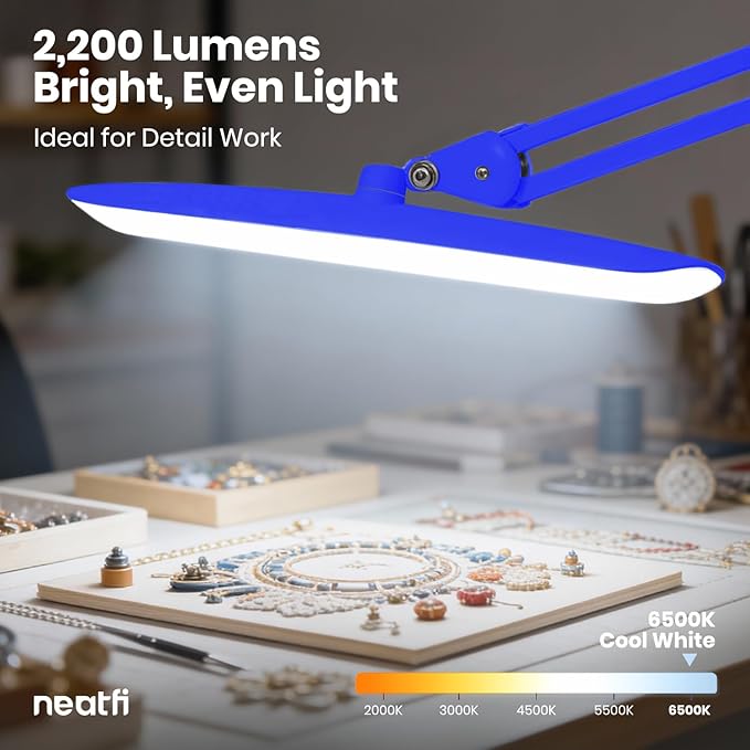 Neatfi XL LED Desk Lamp with Clamp, 2200 Lumens, 24W, 20-Inch Wide Head, Dimmable 4 Brightness Levels, Task Light for Home Office, Crafts, Workbench (Non-CCT, Sapphire Blue)