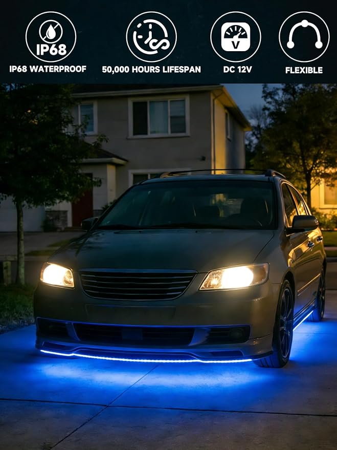 Led Light Strip Exterior Interior 24inch 5050 SMD Led Strip Light IP68 Waterproof Flexible Lights 12V for Car SUV Truck Marine Boat Golf Cart Blue Pack of 4