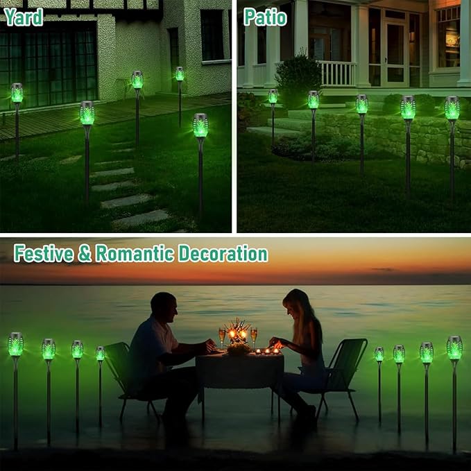16 Pack Solar-Powered Flashlight Torches for Outdoor use, Dancing and Flickering Flame Torches for Landscape Decoration, Suitable for Paths, lawns, terraces (Green)