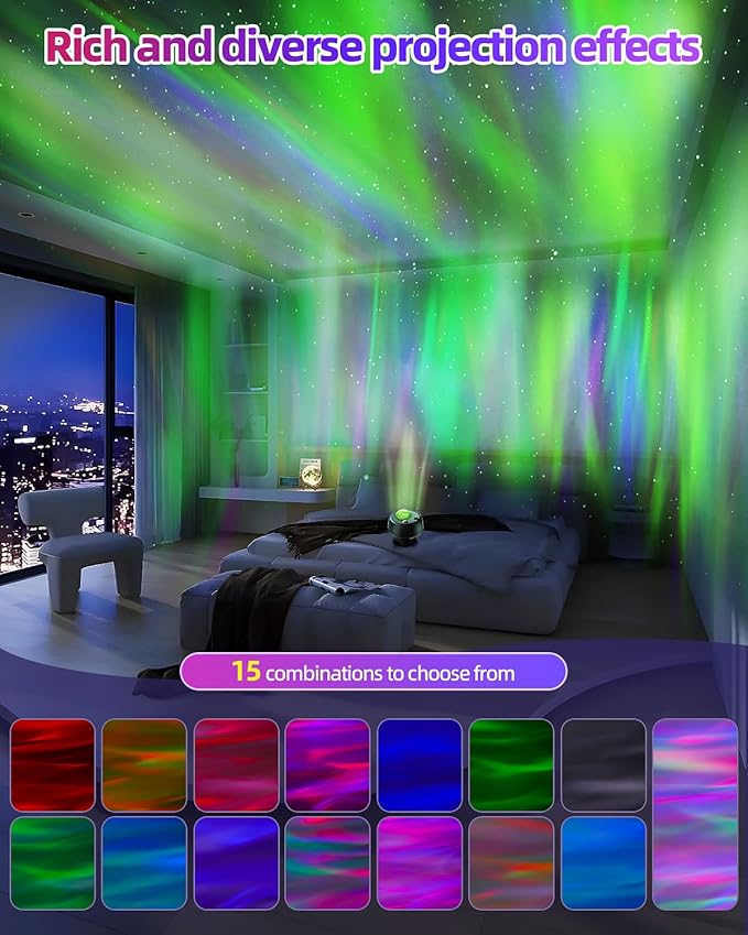 Largest Coverage Area Northern Lights,Galaxy Projector 15 Combinations,60 Light Effects Star Projector for Bedroom,Remote Night Light with Bluetooth Speaker,Timer