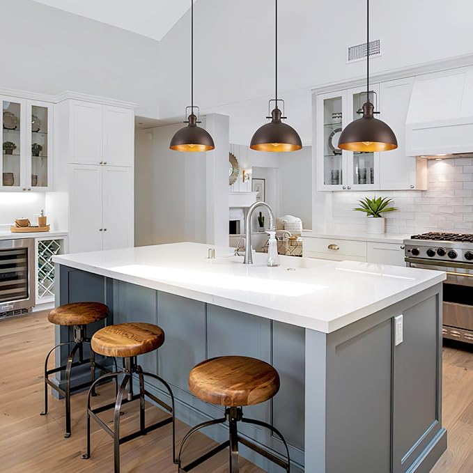 12 Inch Pendant Lights for Kitchen Island Matte ORB Farmhouse Pendant Light fixtures Adjustable Height Dome Hanging Light for Dinning Room Bedroom Hallway,3 Packs