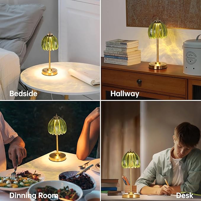 Tulip Table Lamp with 5000mAh Battery & Touch Control, Cordless Table Lamp with 3 Colors, Dimmable Rechargeable Table Lamps for Bedroom, Nightstand, Living Room, Entryways (Green Tulip)