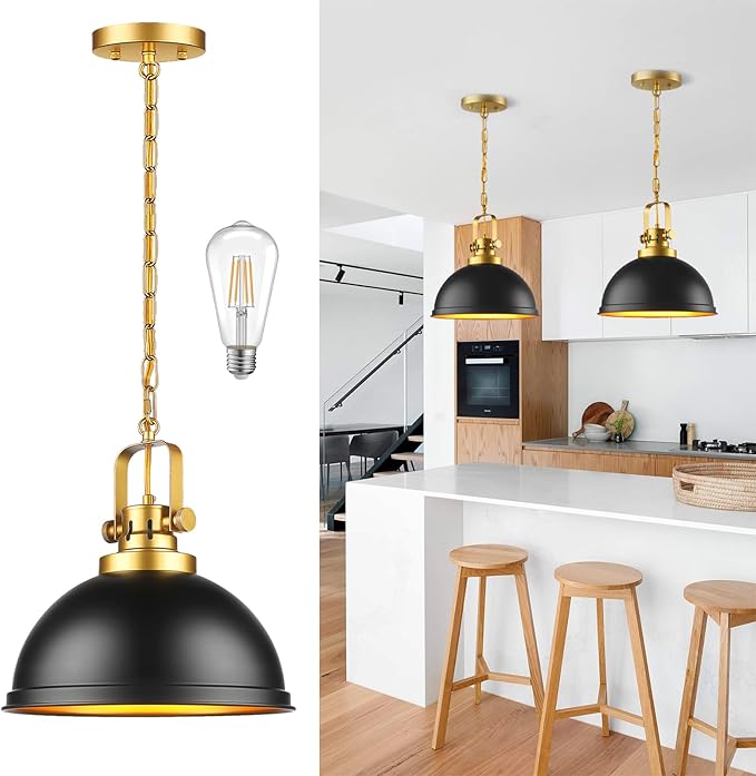Farmhouse Black and Gold Pendant Lights Kitchen Island, Matte Black Dome Pendant Lighting Gold Vintage Metal Hanging Ceiling Light Fixture for Living Dining Room Restaurant Entrance Sink