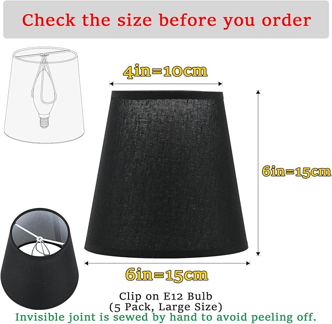 5 Pack Black Chandelier Shades, 4" Top x 6" Bottom x 6" High Barrel Lamp Shade, 4.0x6.0x6.0 Inch Linen Fabric, Perfect Fit for 5-Light Pendant Light Wall Sconce, Clip On Bulb E12 Socket(Large Size)