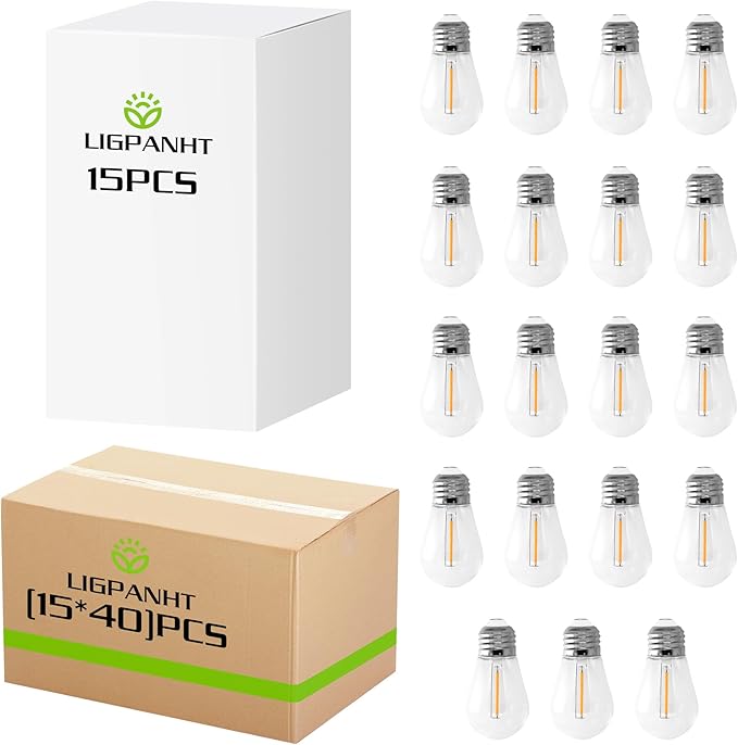 15-Pack S14 LED Replace Light Bulbs for Patio String Light Shatter-Resistant Waterproof Hanging Light Bulbs for Outdoor String Lights Base E26 (15 Per Box)