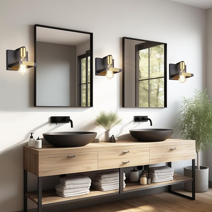 Hamilyeah Black Wall Sconces, Industrial Sconces Wall Lighting Fixtures Matte Black and Gold, Indoor Hardwired Wall Sconces for Bathroom Bedroom Living Room Kitchen Set of Two UL Listed