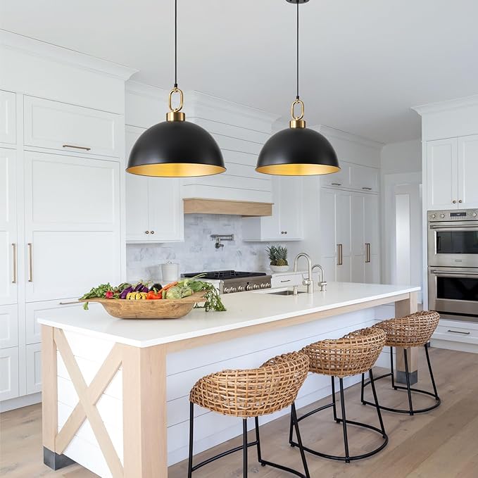 16.1" Large Farmhouse Pendant Lights Kitchen Island, Industrial Dome Pendant Light Fixture, Matte Black with Gold Handle Adjustable Height Hanging Island Light for Dining Room,Kitchen,Cafe