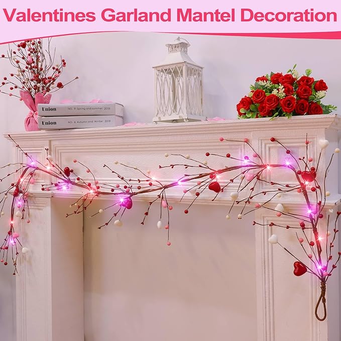 6Ft 20LED Valentines Day Decorations, Valentines Day Garland with Red & Pink Lights Timer Red Pink White Hearts Berried Artificial Lighted Valentine Garland for Home Table Mantle Wedding Decorations