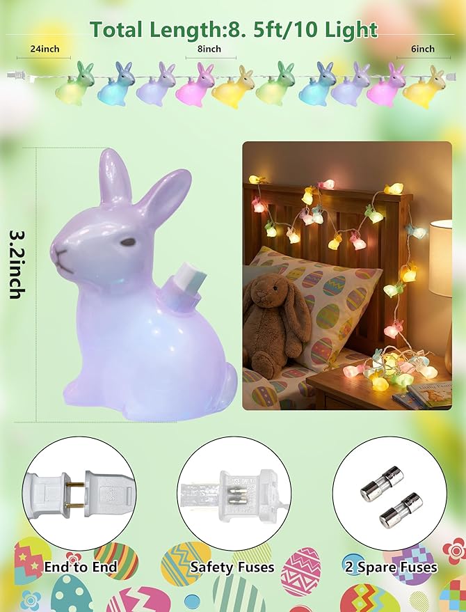 GOOTHY Easter Rabbit String Lights Plug in, Indoor Outdoor Easter Decorations Lights with 10 LED Colorful Bunny Light, Hanging Spring Pastel Bunny Lights for Party Garden Birthday Wedding Home Decor