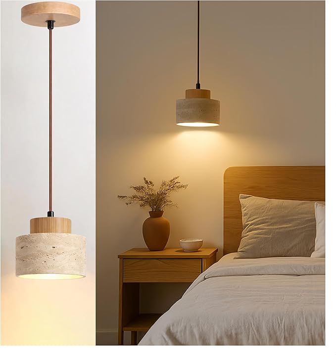 Wabi Sabi Natural Stone and Wood Pendant Light,4.7Inch Small Hanging Pendant Lamp,Modern Vintage Rustic Minimalist Fixture for Bedroom, Dining Room, Kitchen Island, Cafe, Hallway (Wood Color, PCS, 1)