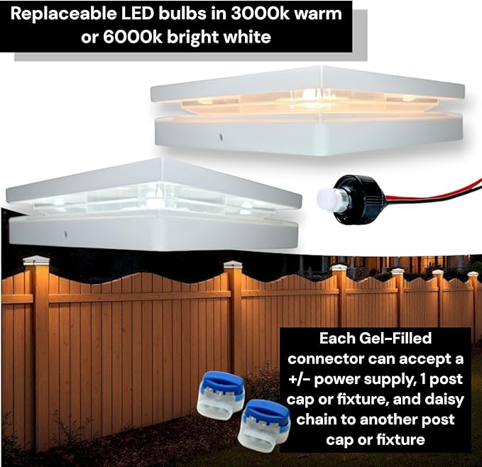 DekLights® DIY Line LED Lighted Post Cap for 6x6 Wood Posts (True 5.5"x5.5"). Our 12volt Low Voltage with Replaceable LED Bulb. for Your 6x6 Fence Posts (White Cap 6000k Bulb)