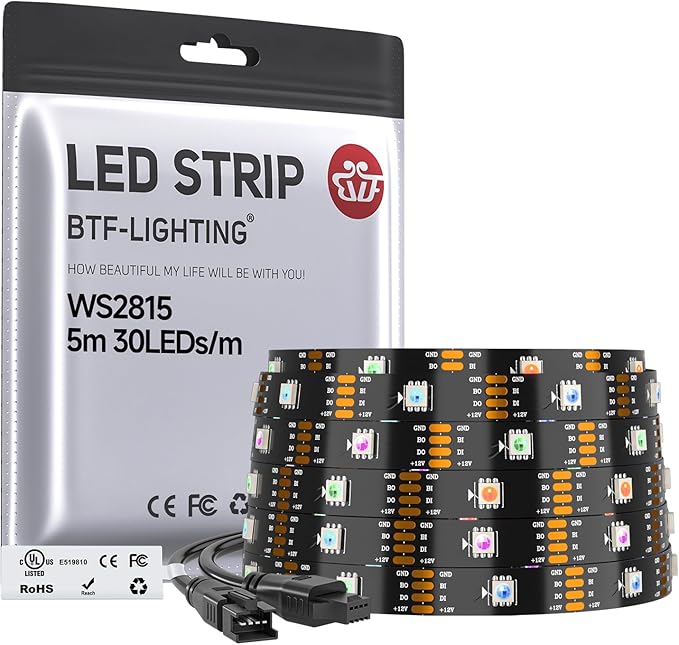 BTF-LIGHTING WS2815 (Upgraded WS2812B) LED Strip Light,UL Listed,16.4FT 150 LED/Pixels,Flexible Chasing RGB,Dual Signal Individually Addressable,5050SMD,3M Tape,DC12V IP30(No Adapter or Controller)