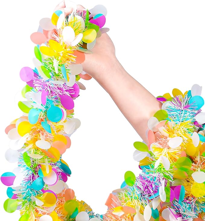 GlyinnHe 33Ft Easter Tinsel Garland with Confetti Colorful Metallic Tinsel Twist Garland Spring Hanging Garland Decoration for Easter Holiay Door Tree Mantel Party Supplies