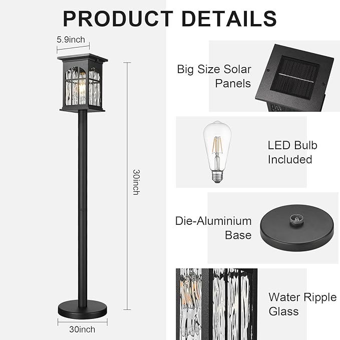 30Inch Solar Pole Lights Outdoor Waterproof, Portable Floor Lamp with Solar Panels Dusk to Dawn with Remote, Cordless Exterior Outside Pole Light for Pathway, Walkway, Garden, Yard, Patio