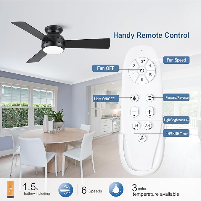 42 Inch Ceiling Fans with Lights and Remote, Black Low Profile Ceiling Fan with Light, Flush Mount, Reversible, 6 Speeds, 3CCT Dimmable, Bedroom Indoor/Outdoor Patios Use