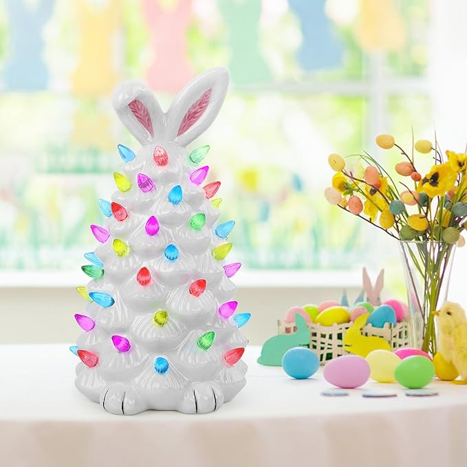 Light up Easter Bunny Decor Glowing Tree, Cute Ceramic Tree Bunny Decorations for The Home Indoor Bedroom Office Decor Tabletop, Easter Night Light for Kids Gifts (White)