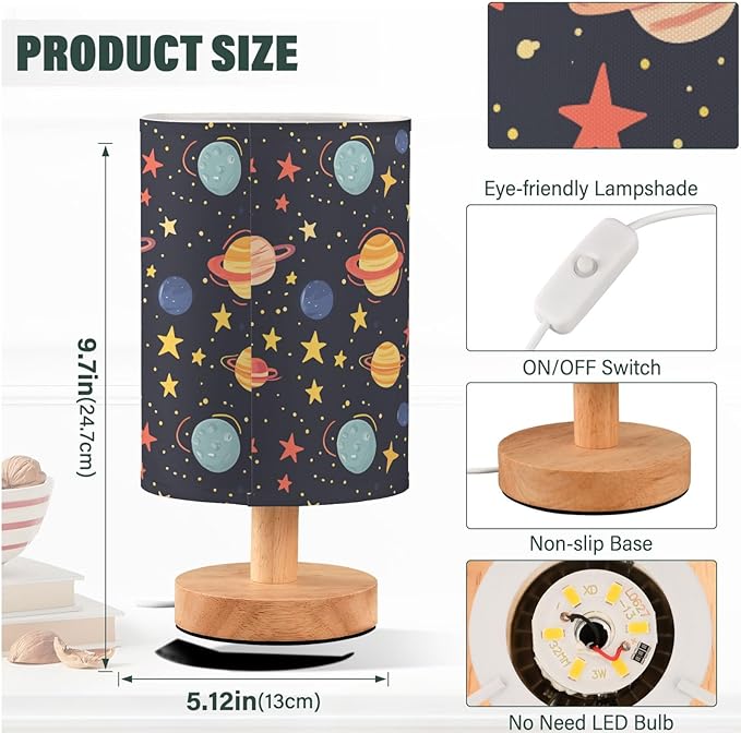 Cute Solar System with Planets Stars Bedside Table Lamps with USB Port for Bedroom Lamp Small Nightstand Lamp Sturdy Linen Shade Wooden Base Decorative Lamps for Kids Reading Dorm Home