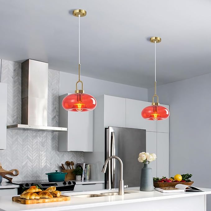 Red Glass Pendant Lights Kitchen Island Gold Pendant Light Fixtures Adjustable Height Modern Pendant Lighting for Bedroom Dining Room (1-Pack)
