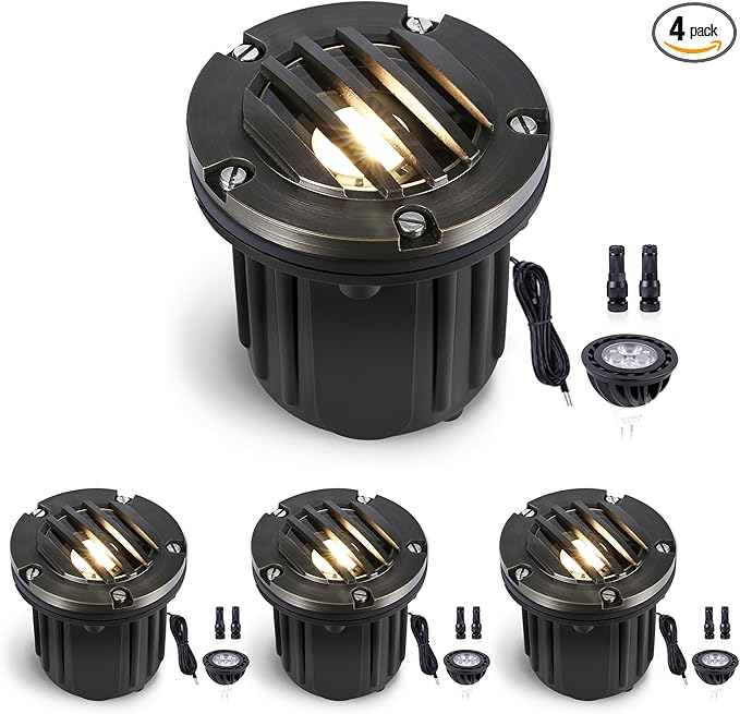 Gardenreet Well Lights Landscape LED - Brass Replaceable Bulb Low Voltage Ip65 In-Ground Lighting, 12V Wired Directional Fixture, Antique Bronze for Yard Patio Lawn with 5000K Daylight White MR16 Bulb