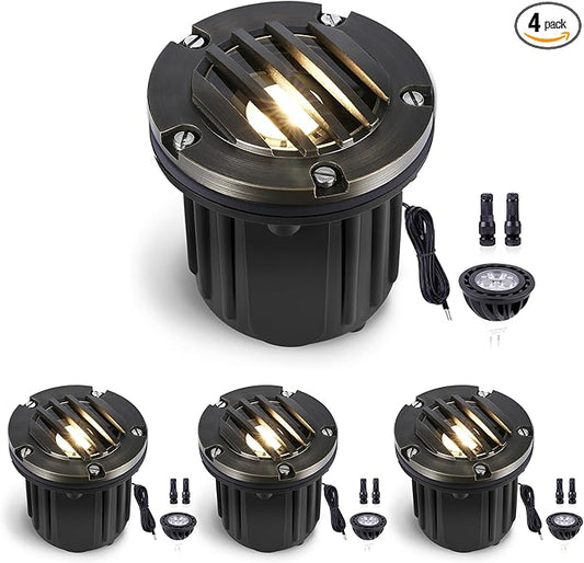 Gardenreet Well Lights Landscape LED - Brass Replaceable Bulb Low Voltage Ip65 In-Ground Lighting, 12V Wired Directional Fixture, Antique Bronze for Yard Patio Lawn with 5000K Daylight White MR16 Bulb