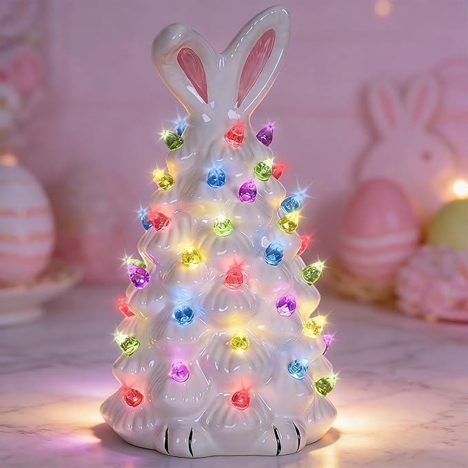 Cute Ceramic Easter Tree Bunny Decor, Light up Easter Bunny Decor Spring Decorations for Indoor Bedroom Office Decor Tabletop for Kid Gifts (White)
