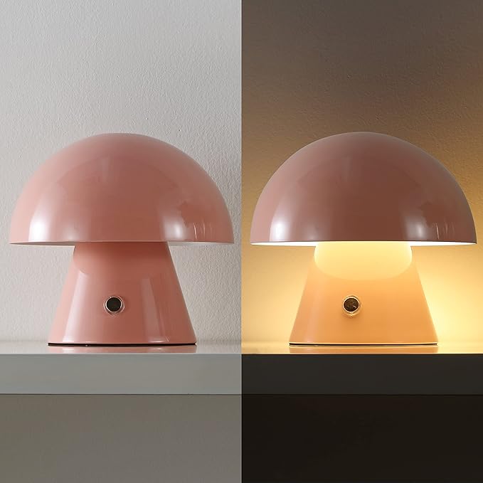 JONATHAN Y 7" Pink Rechargeable Cordless Mushroom Table Lamp, Portable LED Nightstand Lamp for Bedroom Living Room, Metal Shade, 3-Way Dimmable Touch Sensor Modern Accent (JYL7116D)