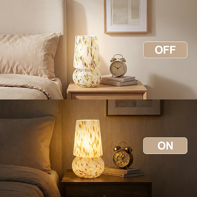 9.8 Inch Mushroom Table Lamp, UL Listed Dimmable Small Desk & Bedside Lamp with Woven Beige Cord, Handcrafted Pattern, Murano Home Decor for Bedroom, Living Room, Entryway (Cream Gold)