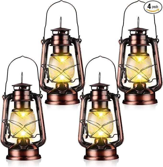 Riakrum 4 Pcs Vintage LED Hurricane Lanterns 9.5 Inch Warm White Old Hurricane Lamps Battery Operated Hanging Lanterns with Dimmer Switch for Indoor Table Centerpieces Outdoor(Bronze)